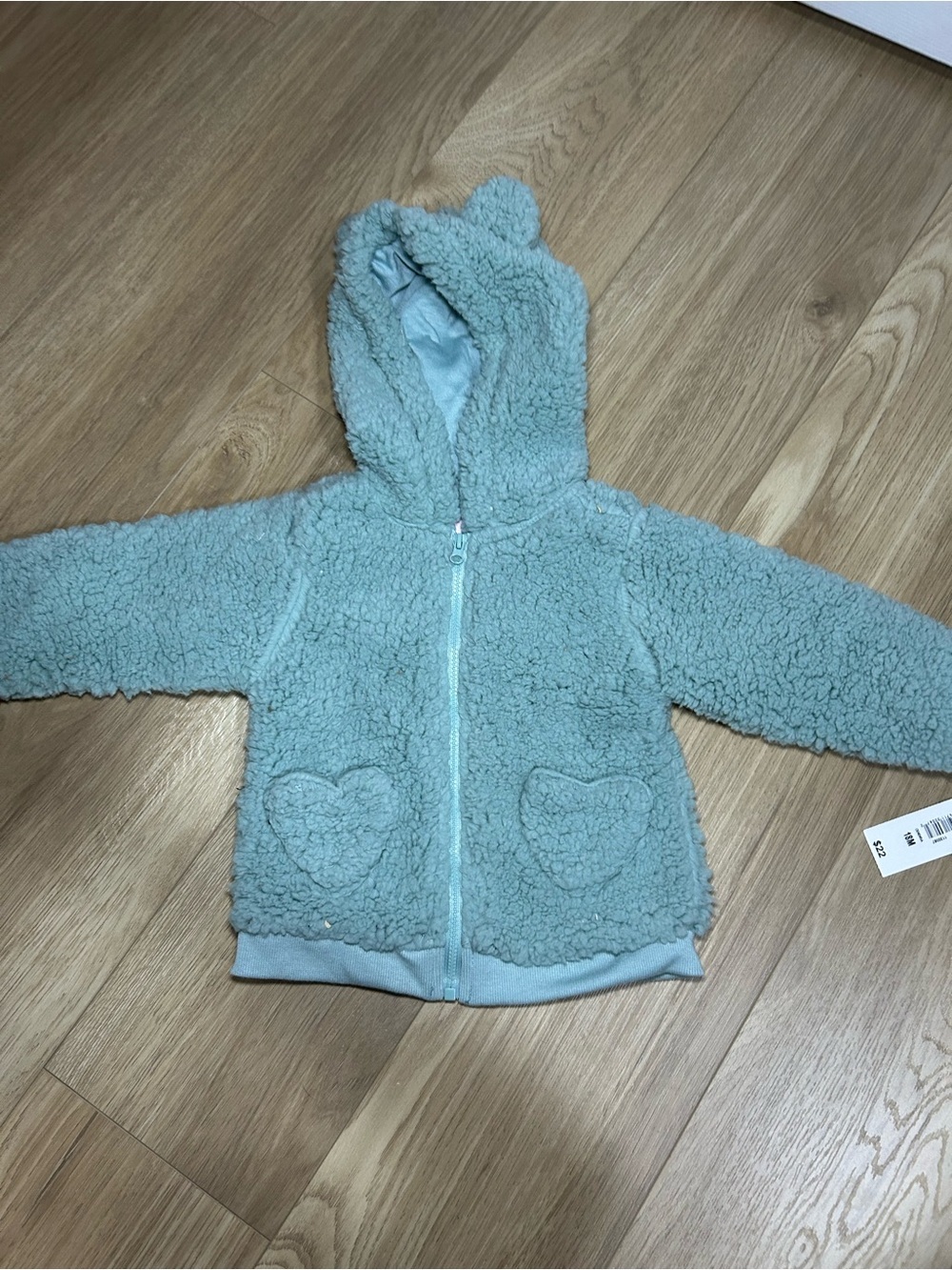 Ariella Mint Green Teddy Hooded Zip Sweater with Heart Pockets